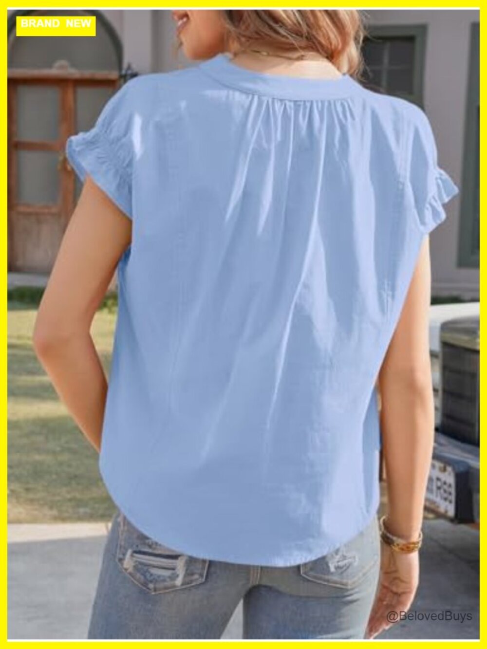 Womens Ruffle Short Sleeve V Neck Cotton Blouse Business Casual Summer Top - Picture 5 of 6